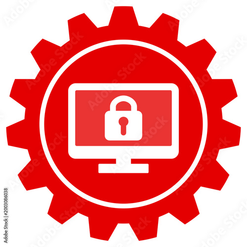 Icon of a computer screen with a padlock symbol centered inside a red mechanical gear shape isolated on a black background representing cybersecurity and system settings