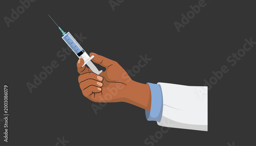 Brown-skinned hand holding a syringe with blue and white sleeve injection medical healthcare vector illustration.