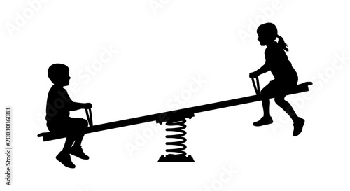 Black silhouette of two children playing on a seesaw against a white background