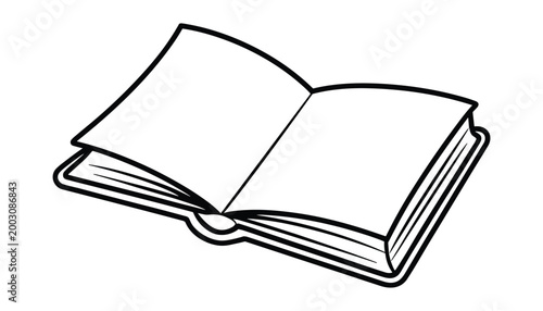 Open book with blank pages and black outline cartoon style vector illustration isolated on white background