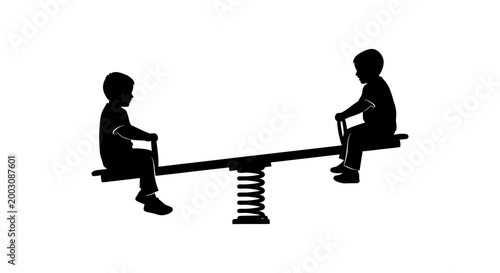 Childhood fun a silhouette of two children enjoying a seesaw on a white background