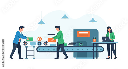 Workers operating a modern automated production line in a factory setting.