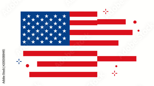 Abstract American flag graphic with stars and stripes in red, white, and blue, celebrating independence