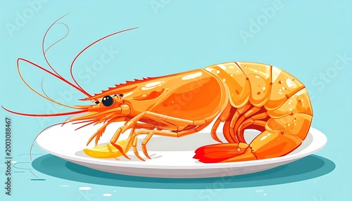A single cooked shrimp served on a white plate.