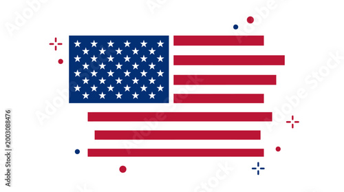 Abstract American flag graphic with stars and stripes in red, white, and blue, celebrating independence