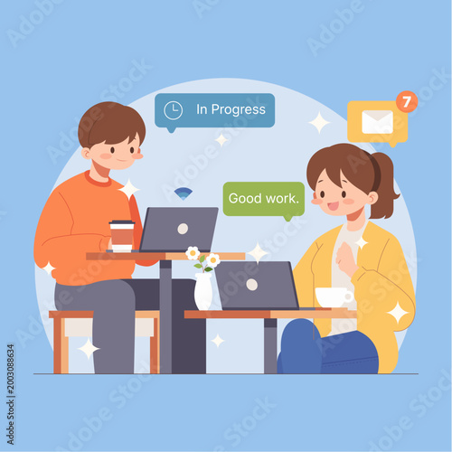 Coworking Space in Cafe Illustration with Remote Work and Casual Collaboration