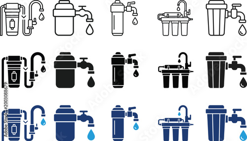 Water filter systems icon set various types and configurations