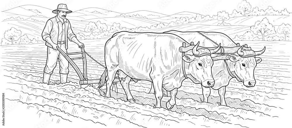 Obraz premium Farmer plowing field with two oxen, rural landscape background