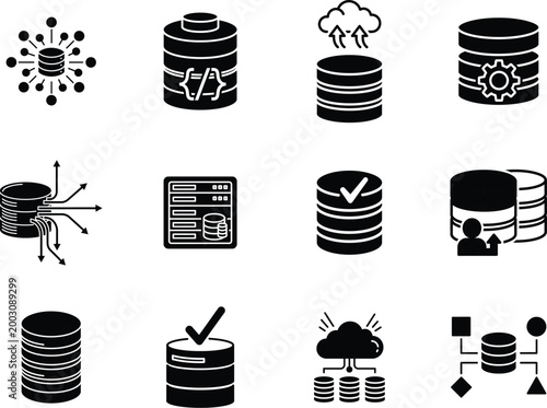 Database management system icons a collection of black glyph illustrations for data storage and processing