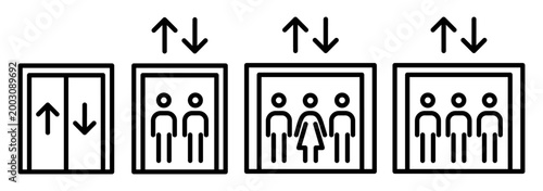 Elevator pictogram set with arrows and passenger icons. Lift wayfinding symbols for buildings, offices and public interiors. Outline vector illustration isolated.
