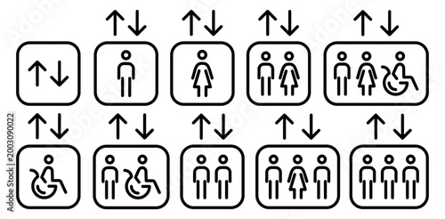 Elevator icon big set with passenger symbols and capacity signs. Outline lift pictograms showing men, women and wheelchair users inside cabins. Wayfinding signage for buildings, floor navigations.