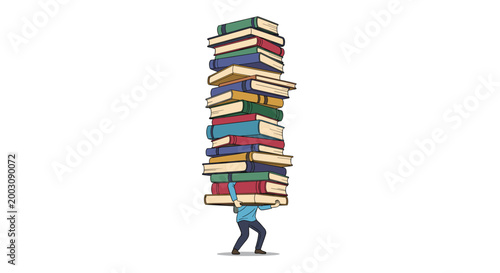 A lone individual struggles to carry an extremely tall, precarious stack of multicolored books overhead against a clean white background.
