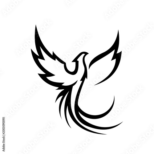 Phoenix Rising in Monochrome. Vector: Ideal for use as tattoos, icons, web graphic designs, and infographic concepts.bird, graphic, design, abstract, art, illustration, fire, vector, phoenix, symbol, 