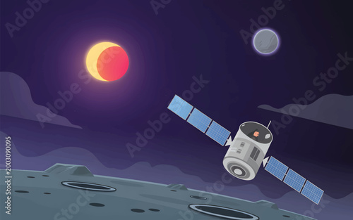 Satellite with an astronaut orbiting above a cratered moon surface under a glowing eclipse, and a planet