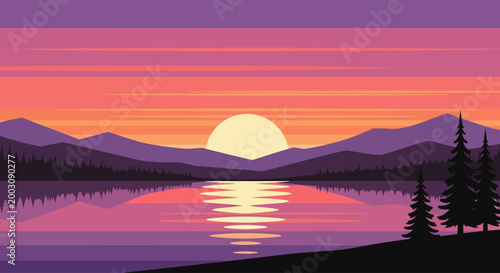 Bild auf Leinwand Minimalist Sunset Over Mountain Lake