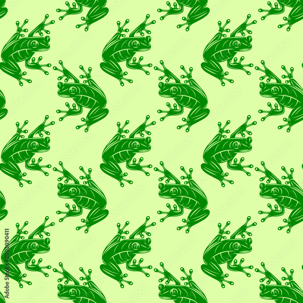 Fototapeta premium Seamless pattern of stylized green frogs on a light green background, perfect for textiles or nature-themed designs.