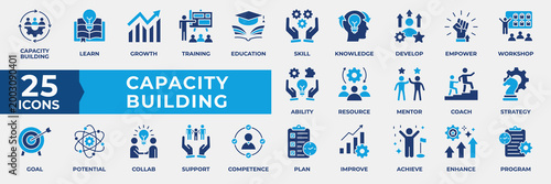 Capacity Building icon set dual tone color style. Containing icon growth, training, education, skill, knowledge, development, empowerment, workshop, ability and more. Simple Flat Blue Illustration.