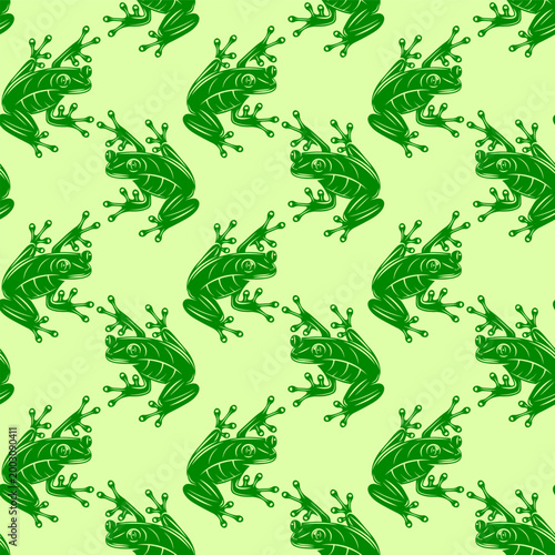 Seamless pattern of stylized green frogs on a light green background, perfect for textiles or nature-themed designs.