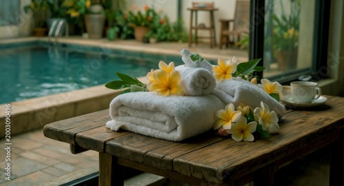 Luxury spa relaxation with white towels and frangipani flowers by pool