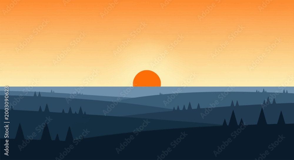 Obraz premium Minimalist flat vector landscape of a sunset over layered hills and forest