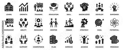 Capacity Building icon collection set. with icon strategy, goal, potential, collaboration, support, competence, improve, achieve, enhance, program  and more. Solid black style vector illustration. 