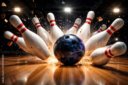 Dramatic bowling strike with black bowling ball crashing through pins on wooden lane