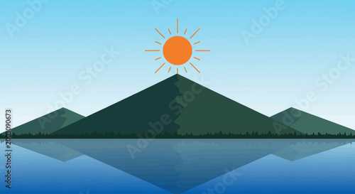 Minimalist sun over a mountain reflecting in a lake