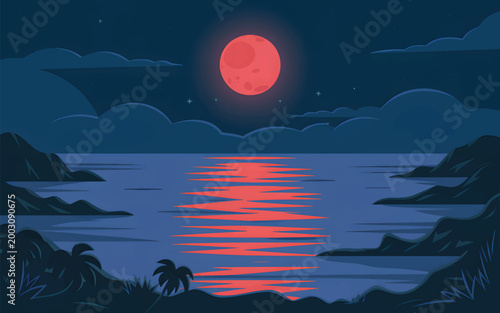 Red full moon shining over a dark blue ocean with rocky coastlines and palm trees at night