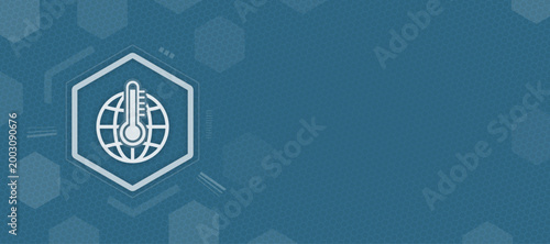 Global warming concept header with thermometer icon overlaid on a digital world globe illustration with abstract geometric hexagon patterns on blue background