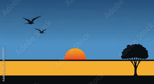 African sunset with silhouette of birds flying and acacia tree