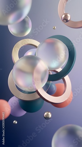 Abstract 3D composition with floating spheres and metallic rings.