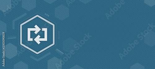 Abstract technology header background with a digital refresh or synchronization icon inside a hexagonal frame, minimal vector illustration for web design and corporate UI