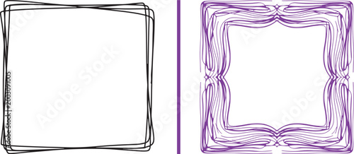 Set of hand drawn scribbled black frame and ornate purple line art border vector illustration isolated on white background