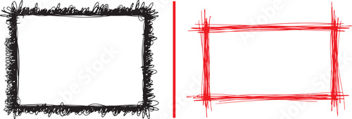 Set of hand drawn scribbled and sketchy rectangular frames in black and red isolated on white background vector illustration