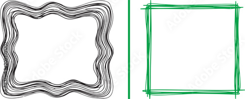 Set of hand drawn wavy black and rectangular green sketch frames vector illustration isolated on white background