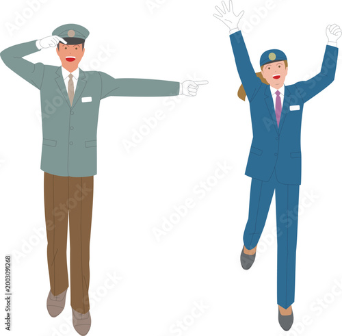 運転手、車掌の男性と女性スタッフ。元気で働くイメージのイラスト