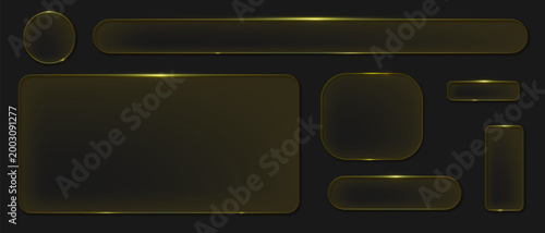 Glass liquid boxes frames golden glass interface buttons, geometric transparent plastic frames for ui ux web design