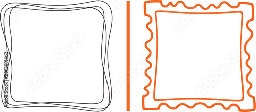Set of hand drawn wavy square frames and scalloped borders vector illustration isolated on white background