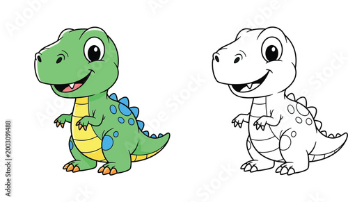 Cute Cartoon Dinosaur Coloring Page for Kids with Colored and Outline Versions, T-Rex Tyrannosaurus Rex Illustration Vector Drawing for Preschool Education Activities and Fun