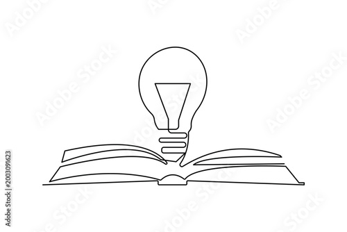 Light bulb with open book icon one line drawing and minimalist style isolate outline vector illustration