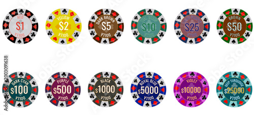 Ultimate collection of 12 casino poker chips with various dollar denominations