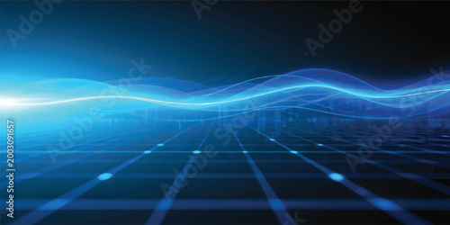 An abstract blue background featuring a dynamic fractal wave pattern and light grid lines creates a futuristic technology concept for a digital virtual reality wallpaper design