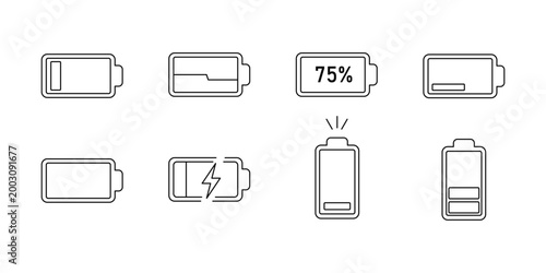 Battery level indicator icons set, minimalist line art power status outline illustrations for mobile app interface