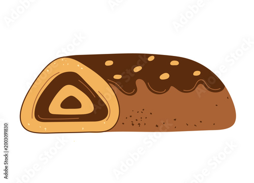 Sweet chocolate swiss roll cake with creamy filling and chocolate glaze topping with nuts. Flat vector illustration of a traditional bakery sponge cake dessert isolated on white.