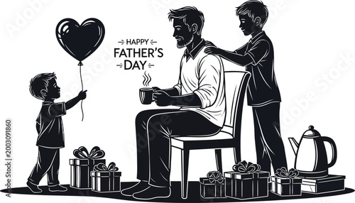 Happy Father's Day poster design with dad and kids illustration.