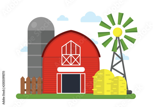 Photos Farm scene with red barn and windmill on transparent background