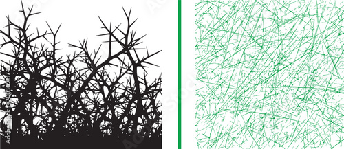 Black thorny branch silhouette and green abstract scratchy texture vector illustration isolated on white background