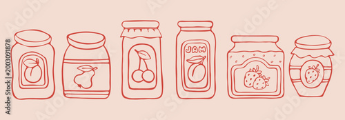 Vector set of hand-drawn glass jars with fruit jam and preserves. Minimalist red line art doodle illustration of homemade jelly labels including strawberry, cherry, and peach on a light background.