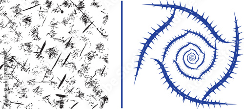 Abstract grunge texture and blue spiky spiral design vector illustration isolated on white background