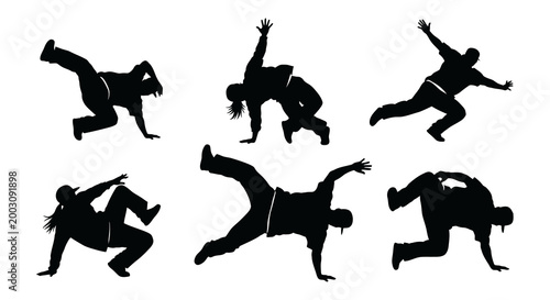 Dynamic breakdancing silhouettes a collection of energetic dance poses in black